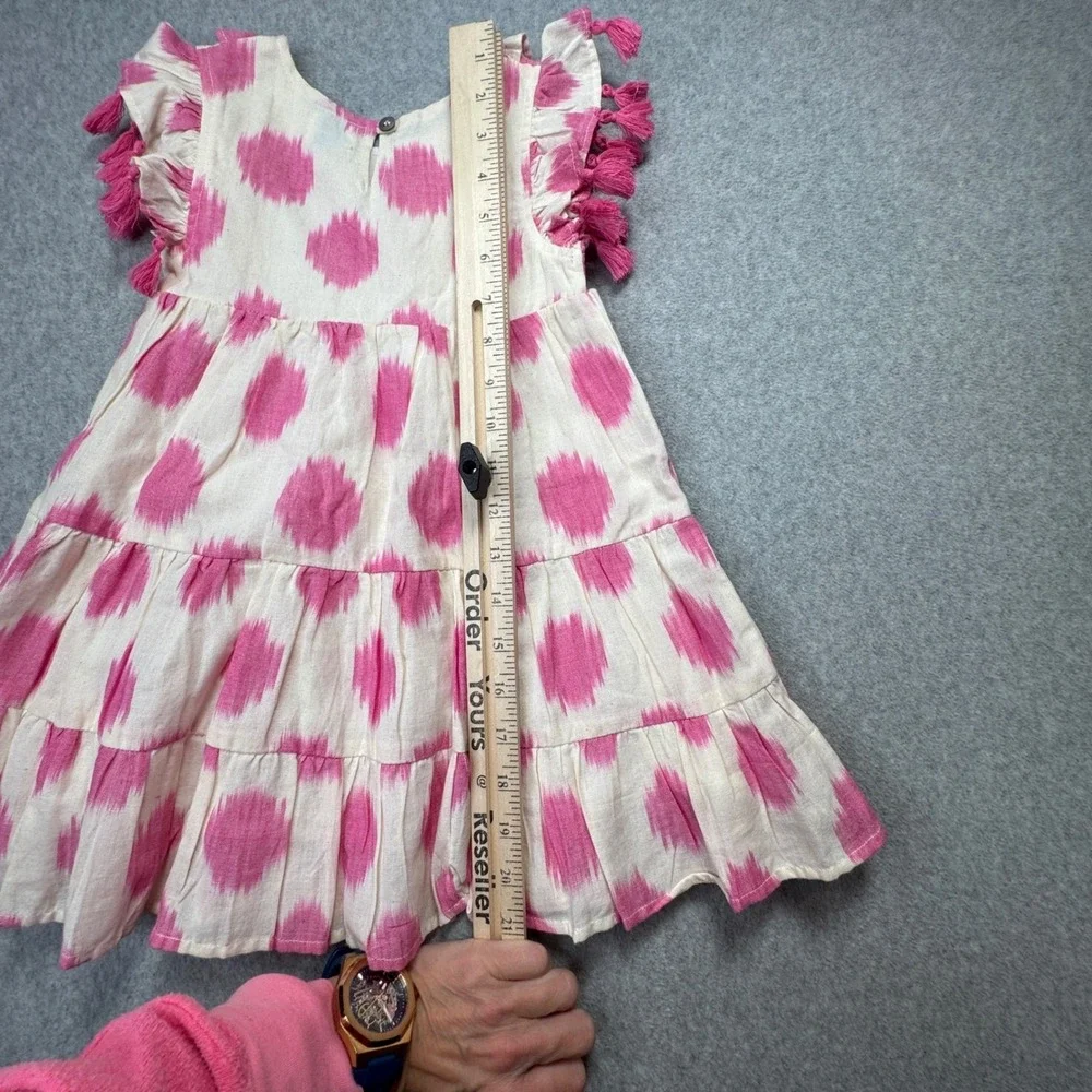 Mer St Barth Girls Dress Pink Ikat Tiered Tassel Ruffle Sleeve Size 2